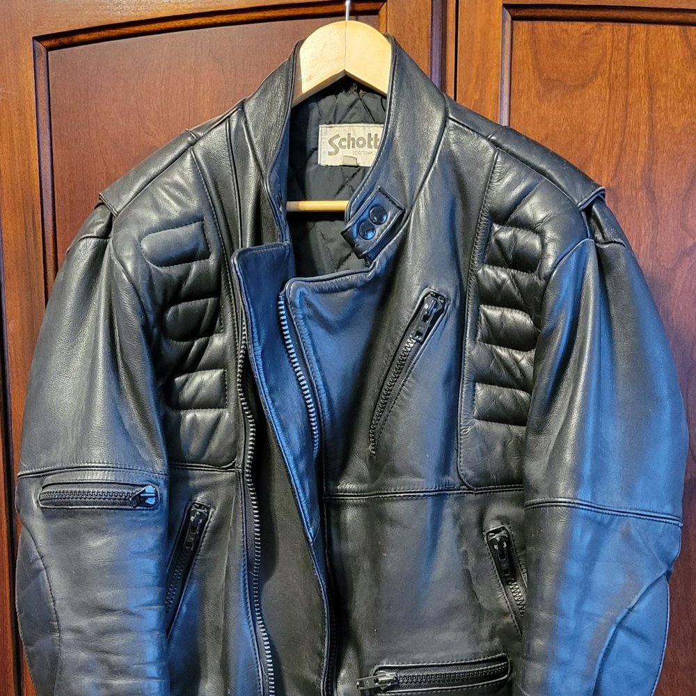 Schott Black Leather Motorcycle Jacket Size 42